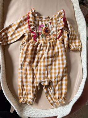 3 for $25 MUD PIE Thanksgiving Mustard Gingham Baby Romper with Floral Embroider